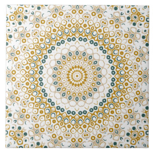 Azulejo De Cerâmica Padrão de Mandala Geométrico Dourado e Verde