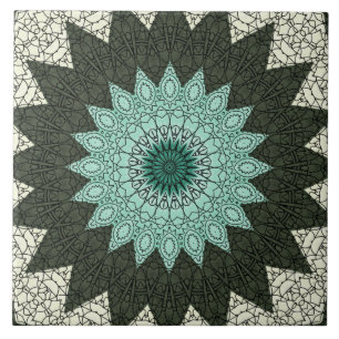 Azulejo De Cerâmica Padrão de Mandala Geométrico Verde e Turquesa