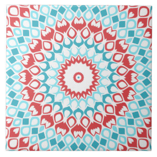Azulejo De Cerâmica Padrão de Mandala Geométrico Vermelho e Aquático