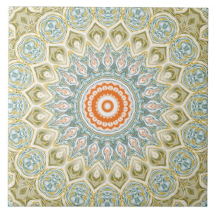 Azulejo De Cerâmica Padrão de Mandala Laranja e Azul Turquesa com Acen