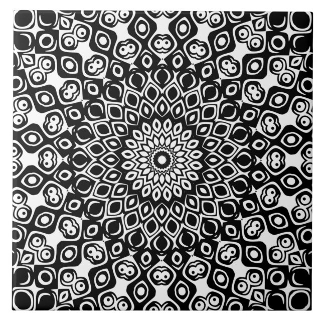 Azulejo De Cerâmica Padrão de Mandala Preto e Branco (Frente)