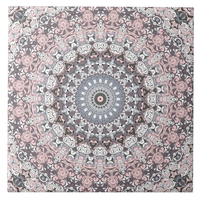 Azulejo De Cerâmica Padrão de Mandala Rosa Cinza e Branco (Frente)