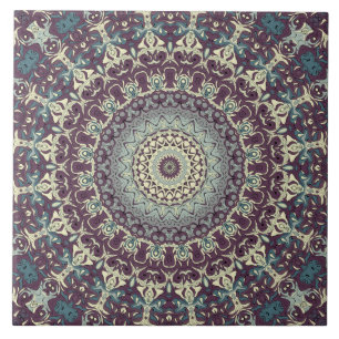 Azulejo De Cerâmica Padrão de Mandala Roxo Turquesa e Creme