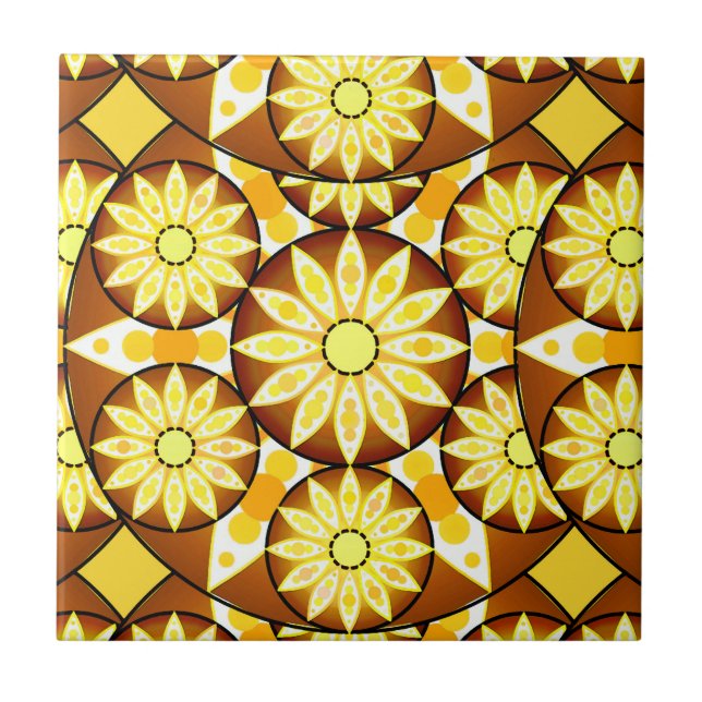 Azulejo De Cerâmica padrão de mandala, tons de marrom e dourado (Frente)