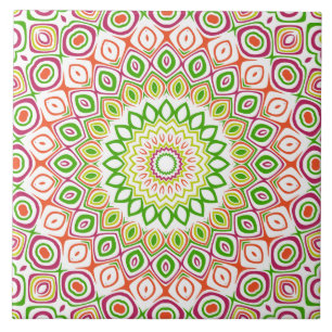 Azulejo De Cerâmica Padrão de Mandala Verde Brilhante e Magenta