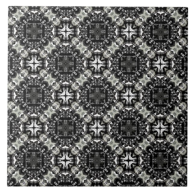 Azulejo De Cerâmica Padrão de Mandalas Preto, Branco e Cinza (Frente)