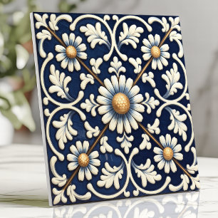 Azulejo De Cerâmica Padrão de Margarida Azul e Marfim Vitoriano