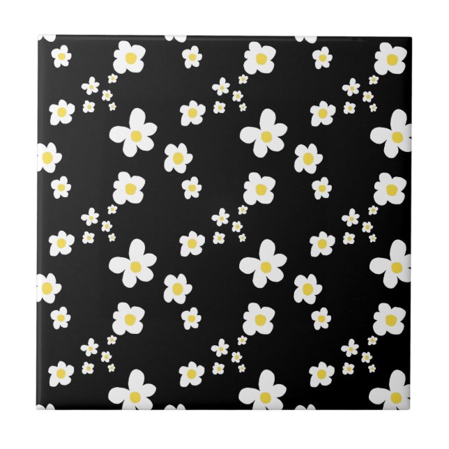 Azulejo De Cerâmica Padrão de margarida preto amarelo branco, moderno (Frente)