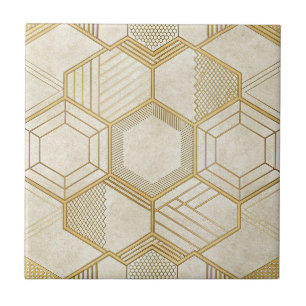 Azulejo De Cerâmica Padrão de Mármore Creme Geométrico Hexágono Dourad