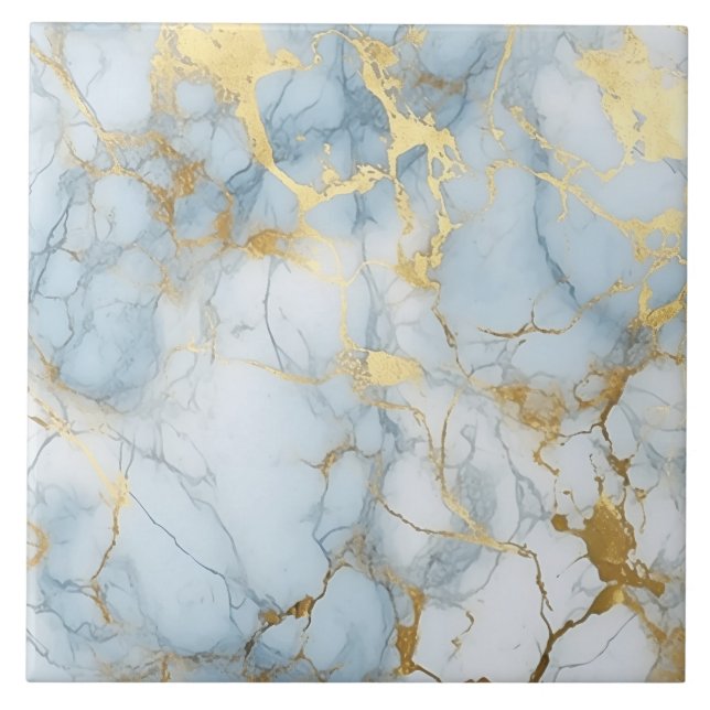 Azulejo De Cerâmica Padrão de mármore dourado azul e branco elegante  (Frente)