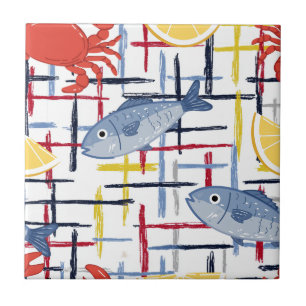 Azulejo De Cerâmica Padrão de Mercado de Frutos do Mar Mediterrâneo (6