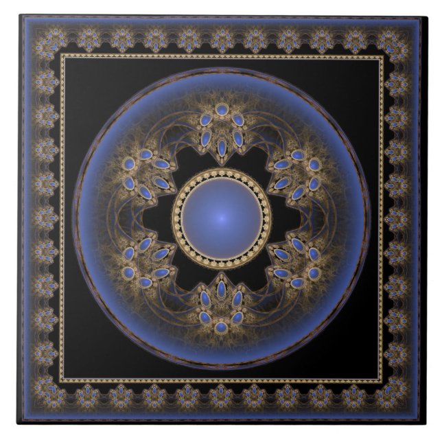 Azulejo De Cerâmica Padrão de moldagem visual fractal azul (Frente)