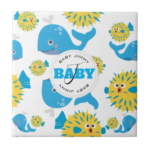 Azulejo De Cerâmica Padrão de Monograma de Blowfish Cartoon Baby