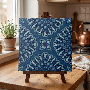 Azulejo De Cerâmica Padrão de Mosaico de Kaleidoscópio Geométrico Azul