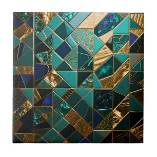 Azulejo De Cerâmica Padrão de Mosaico Geométrico em Dourado e Turquesa