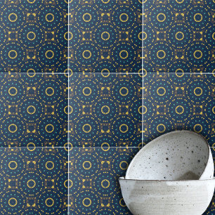 Azulejo De Cerâmica Padrão de Música Crônica do Boho Amarelo Azul P