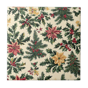 Azulejo De Cerâmica Padrão de Natal de Azevinho Poinsettia Vermelho Cr