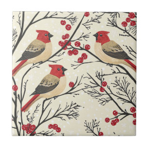 Azulejo De Cerâmica Padrão de Natal de Fruta de Inverno do Cardinal Ve