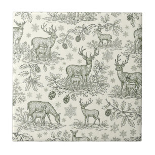 Azulejo De Cerâmica Padrão de Natal de Veado da Floresta de Toile Verd