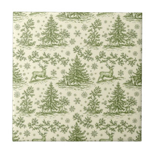 Azulejo De Cerâmica Padrão de Natal Veado Bosque Toile Verde (4)
