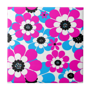 Azulejo De Cerâmica Padrão de néon brilhante floral creme brilhante e