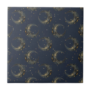 Azulejo De Cerâmica Padrão de Noite Estrelada com Lua Celestial Dourad