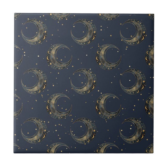 Azulejo De Cerâmica Padrão de Noite Estrelada com Lua Celestial Dourad (Frente)