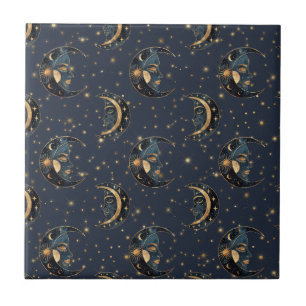 Azulejo De Cerâmica Padrão de Noite Estrelada Dourada da Lua Celestial