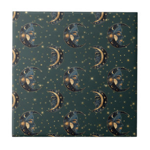 Azulejo De Cerâmica Padrão de Noite Estrelada Dourada da Lua Celestial