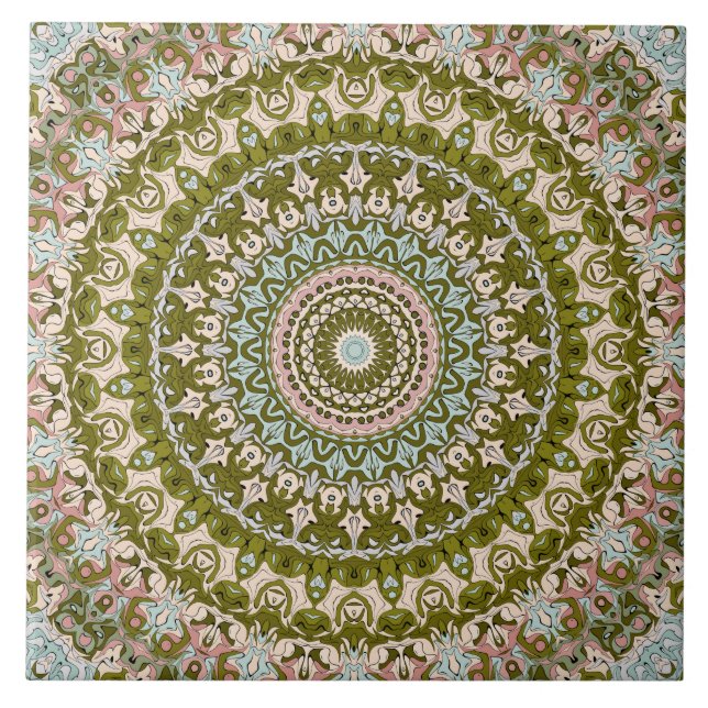 Azulejo De Cerâmica Padrão de Olive Green e Pastel Mandala (Frente)