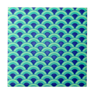 Azulejo De Cerâmica Padrão de onda Art Deco - turquesa e cobalto