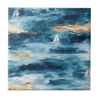 Azulejo De Cerâmica Padrão de Onda Costeira de Vela Azul Turquesa