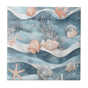 Azulejo De Cerâmica Padrão de Ondas Aqua e Conchas de Recifes de Coral