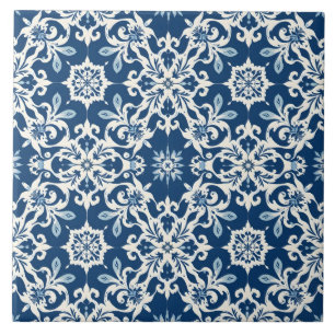 Azulejo De Cerâmica Padrão de Ornamento Boho em Azul Branco Vintage