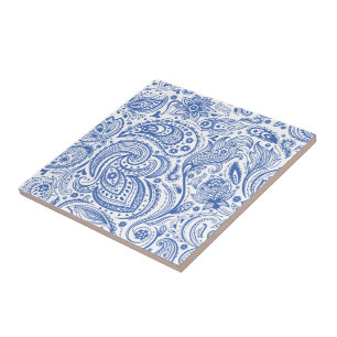 Azulejo De Cerâmica Padrão de Paisley Floral da Vintagem Azul e Branca