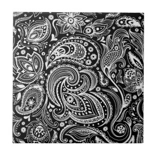 Azulejo De Cerâmica Padrão de Paisley Floral Preto e Branco