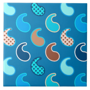 Azulejo De Cerâmica Padrão de Paisley Moderno, Azul Ceruliano, Tan & A