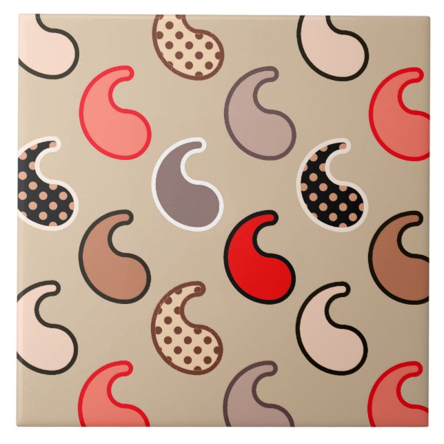 Azulejo De Cerâmica Padrão de Paisley moderno, bege, vermelho, Cinza e (Frente)
