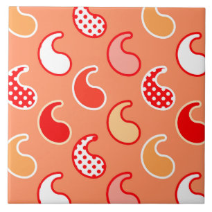Azulejo De Cerâmica Padrão de Paisley Moderno, Laranja Coral e Branco