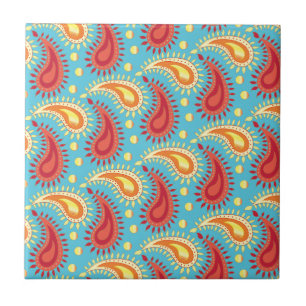 Azulejo De Cerâmica Padrão de Paisley Persa do Laranja-Turquesa Orien