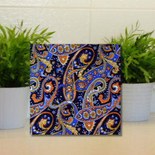 Azulejo De Cerâmica Padrão de Paisley Retroativo Laranja Branco Azul C