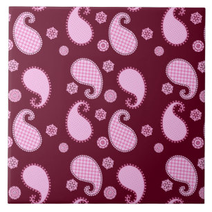 Azulejo De Cerâmica Padrão de Paisley, rosa-gelo e burgundy
