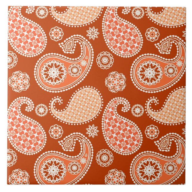 Azulejo De Cerâmica Padrão de Paisley, tangerina laranja e branca (Frente)