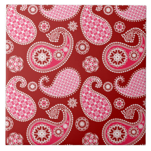 Azulejo De Cerâmica Padrão de Paisley, Vermelho Escuro, Rosa e Branco