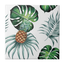 Azulejo De Cerâmica Padrão de Palmeira da Selva Tropical de Aquarela d