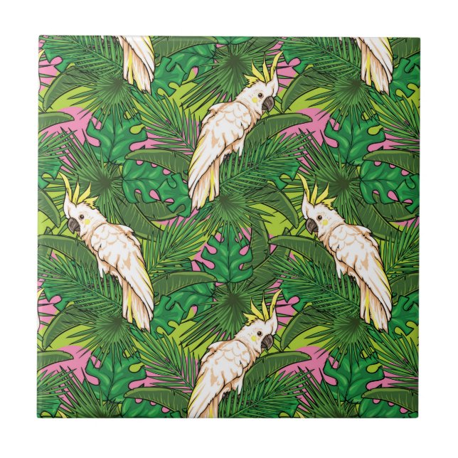 Azulejo De Cerâmica Padrão De Papagaio Com Folhas De Palma (Frente)