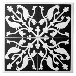 Azulejo De Cerâmica Padrão de pássaro preto e branco antigo vintage