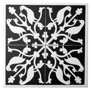 Azulejo De Cerâmica Padrão de pássaro preto e branco antigo vintage