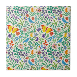 Azulejo De Cerâmica Padrão de Pássaros, Borboletas e Flores Silvestres