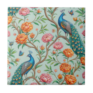 Azulejo De Cerâmica Padrão de Pássaros Florais em Fundo de Hortelã (10